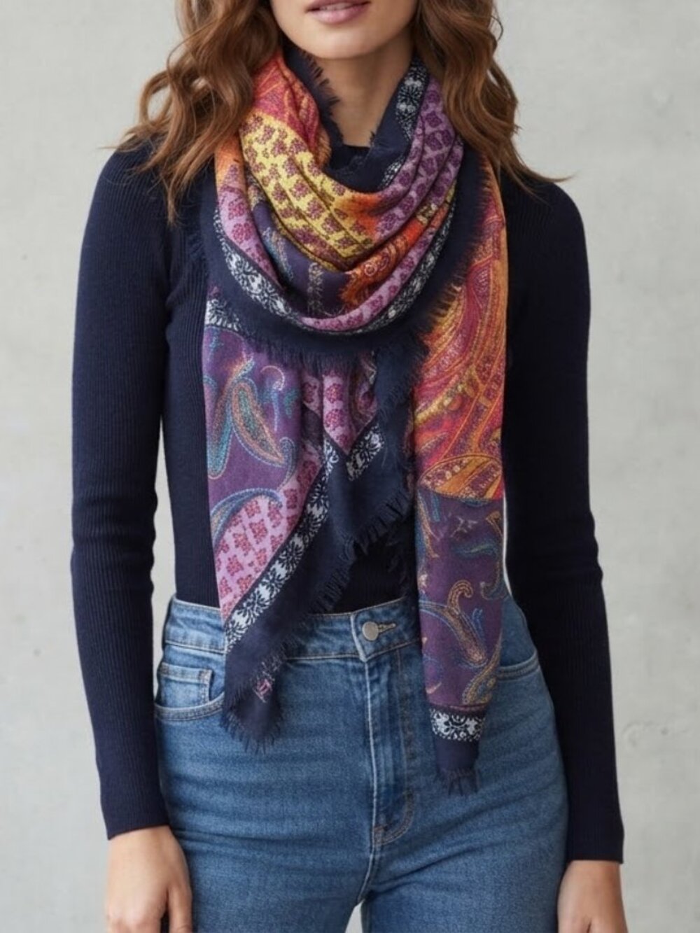 Tarnish - 42x42 Square Paisley Patchwork Scarf - Coral, Navy, Purple, Yellow